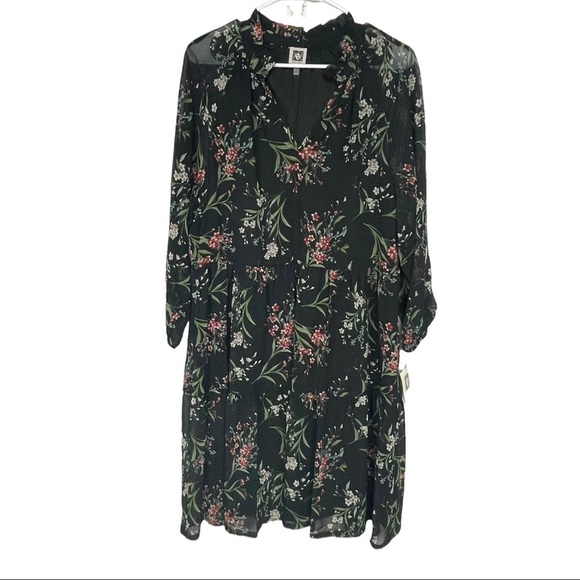 Anne Klein Dresses & Skirts - ANNE Klein Black Floral V-neck Long Sleeve Sheer Midi Dress, 14